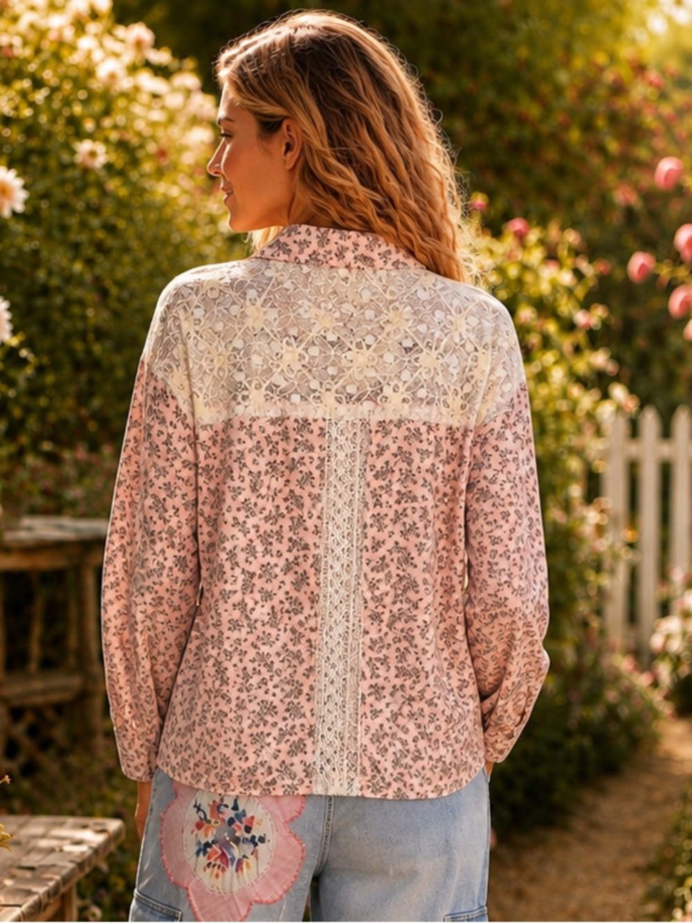 POL Large Blush Floral Lace Button-Down Top - Picture 2 of 6